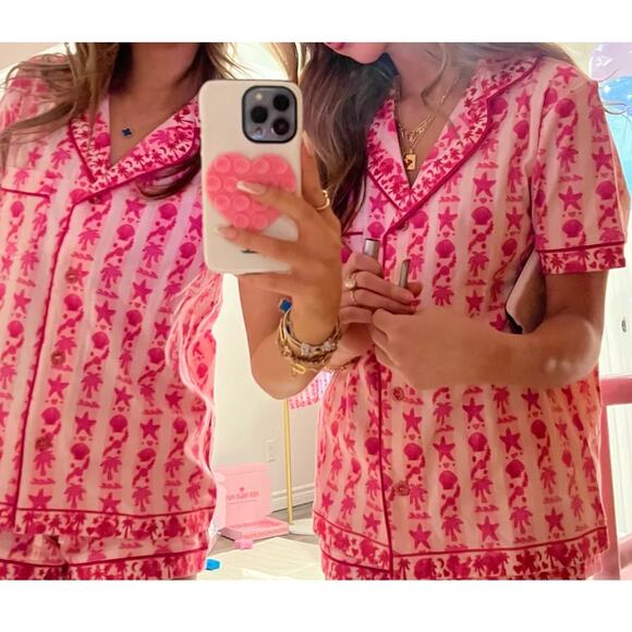 Pink Palm Puff Pajama Top Blush Bay XL Short Sleeve Button Down Embroidery Sleep - Picture 1 of 9